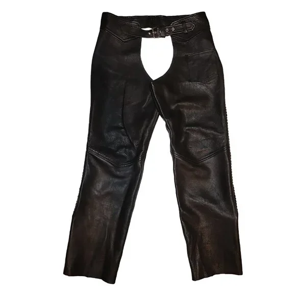 Vintage Black Genuine Leather Motorcycle Riding Chaps Heavy Leather Halloween - Picture 2 of 11